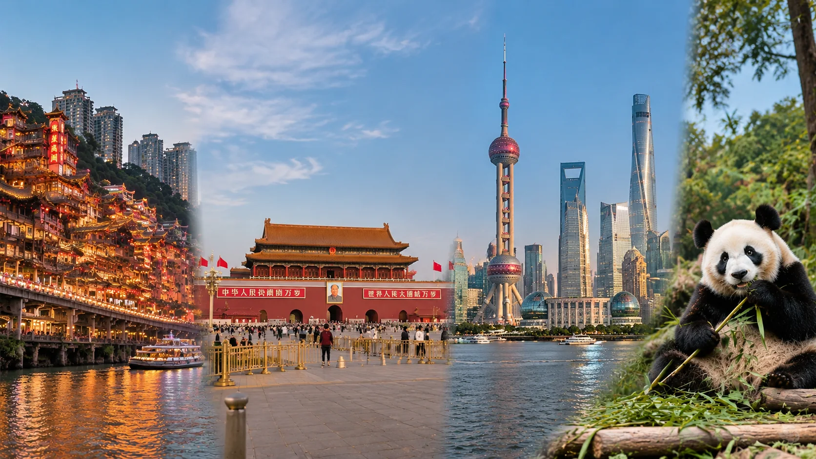 Panorámica de viajes por China con Chongqing, Pekín, Shanghái y un panda gigante