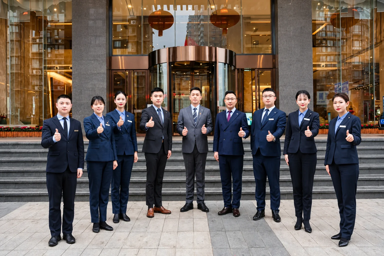 Imagen del equipo profesional frente a un hotel facilitada por el cliente